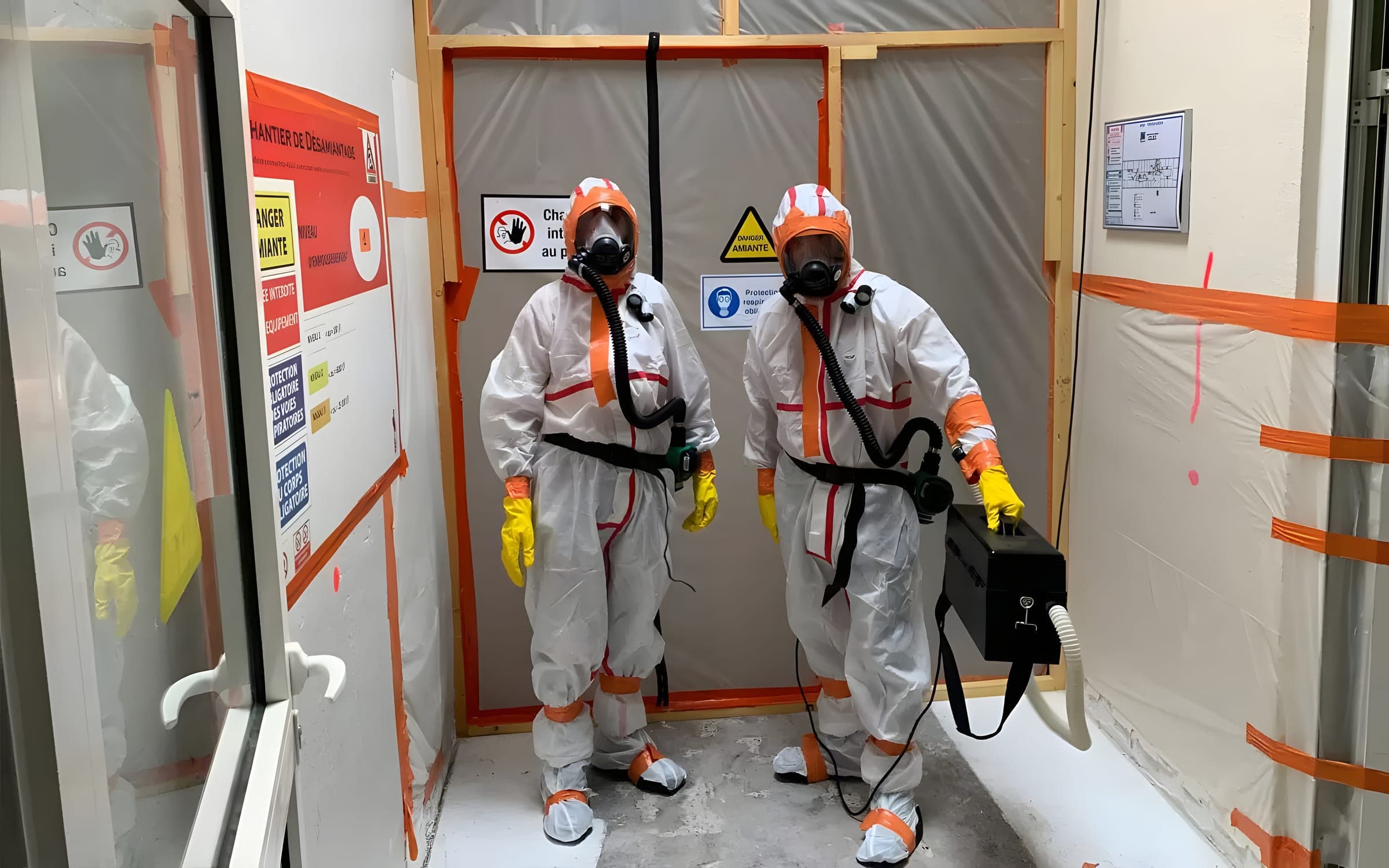 Deux opérateurs en combinaison et masque à adduction d'air dans le sas de la zone