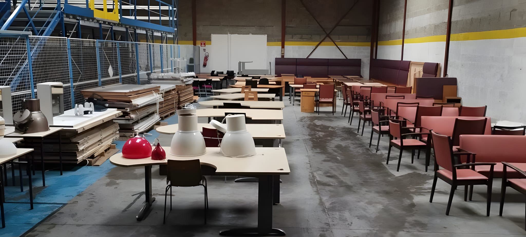 Entrepôt de réemploi : tables, chaises et mobilier récupérés sur les chantiers